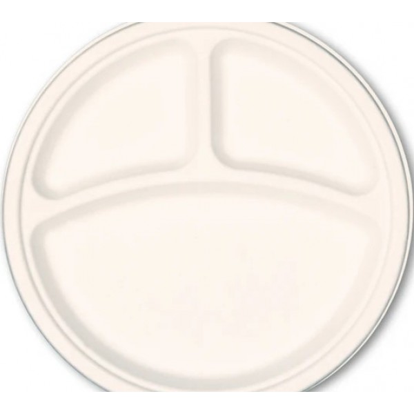 %100 Doğal Şeker Kamışından Üretilmiş Ekolojik 3 Bölmeli 10 İnç 26 cm Tabak 1 Koli (500 Adet)