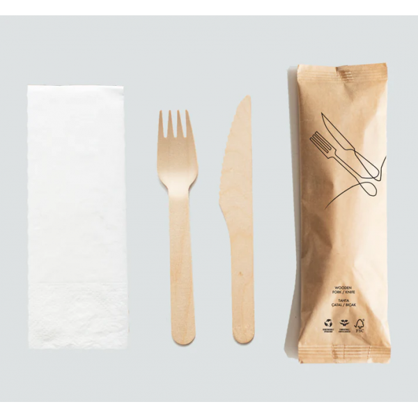 500 Adet Tahta Çatal Bıçak Peçete Ikram Seti